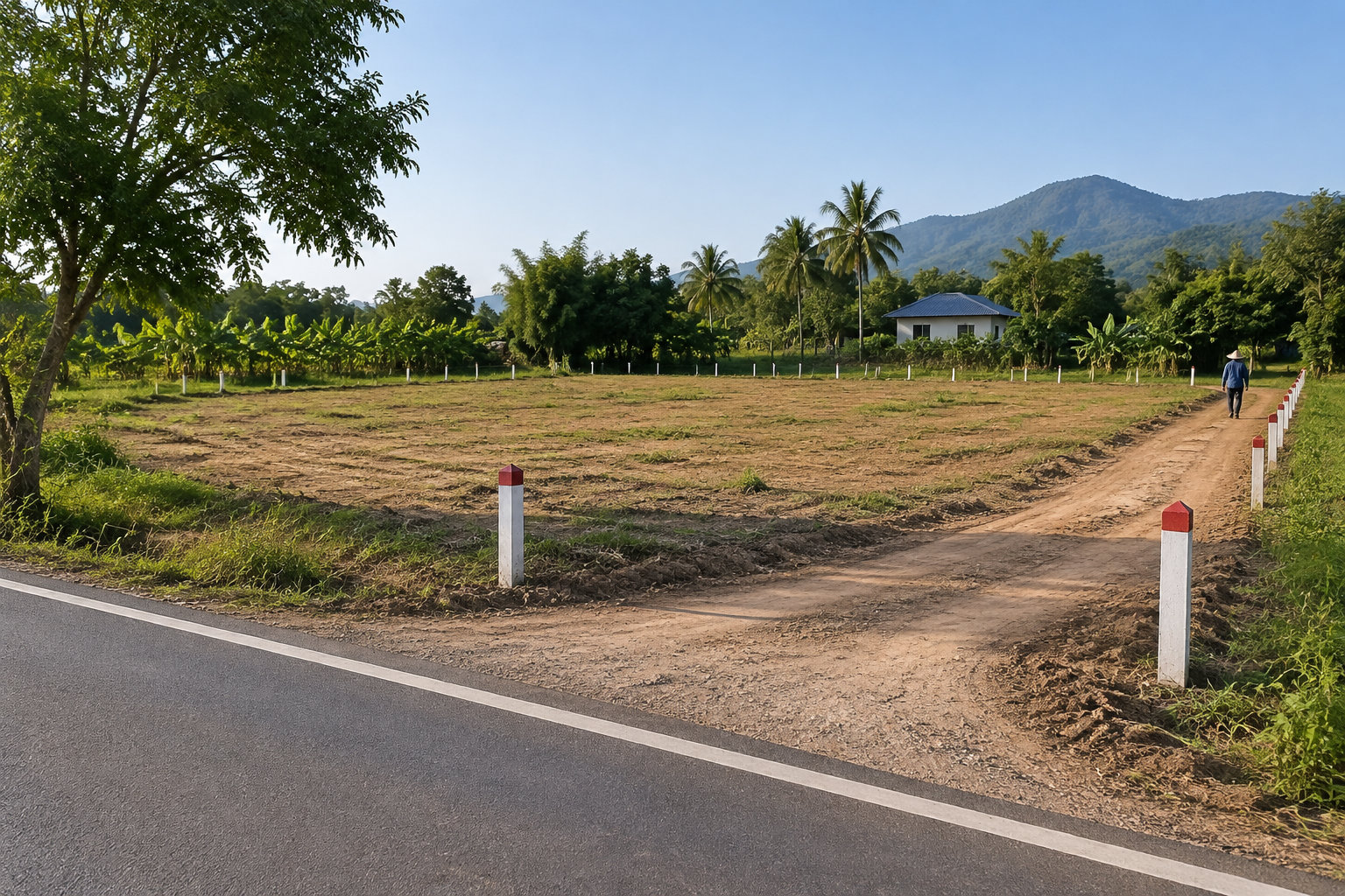 Un chemin de terre longe une parcelle défrichée bordée de poteaux blancs à sommet rouge, avec une personne qui s’éloigne, une maison, des palmiers et des montagnes au loin.