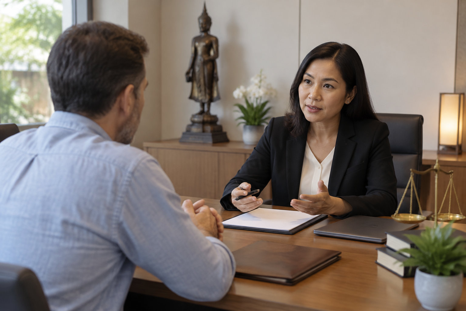 Une femme assise à un bureau s’entretient avec un homme, face à une balance de justice et à des dossiers.