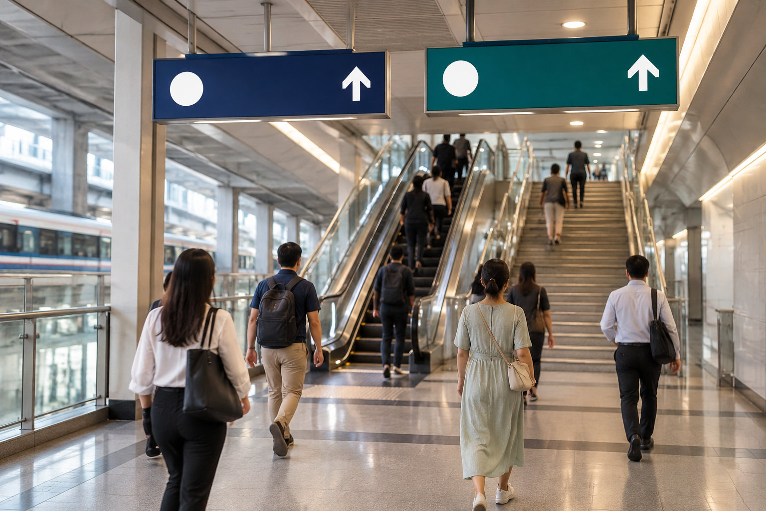 Des voyageurs marchent vers un escalier et un escalator dans une gare, sous des panneaux directionnels affichant des flèches vers le haut.