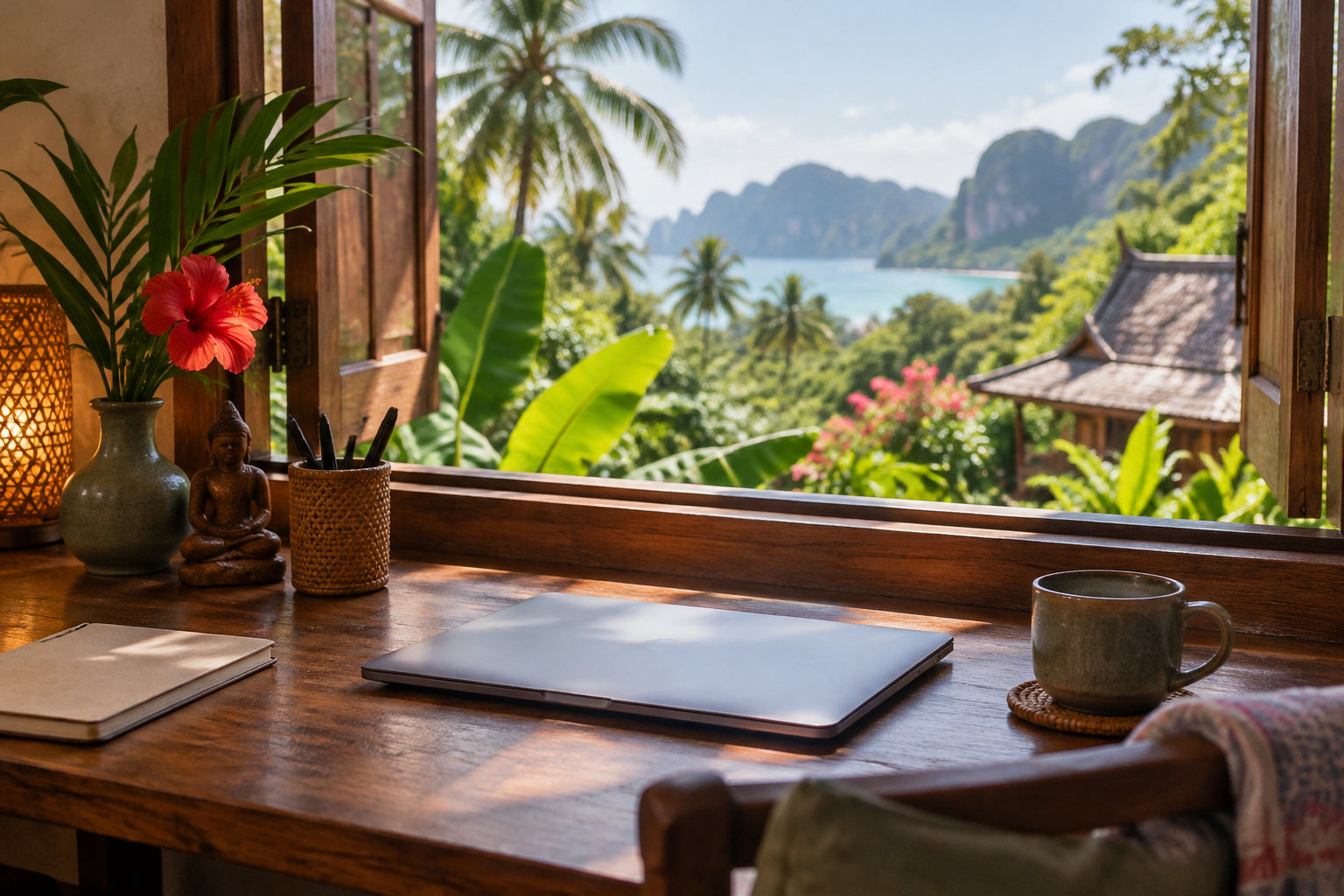 Un ordinateur portable fermé et une tasse sont posés sur une table en bois devant une fenêtre ouverte donnant sur une végétation tropicale, la mer et des montagnes.