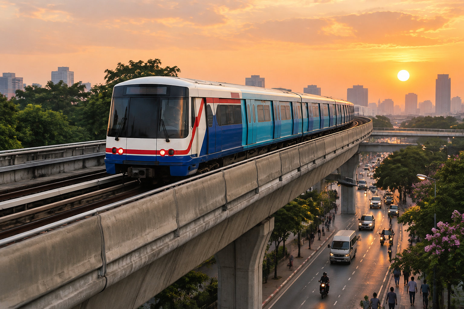 Un train bleu et blanc circule sur une voie aérienne au-dessus d’une avenue animée, au coucher du soleil.