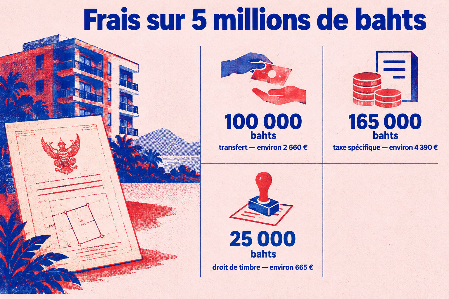 Sur une base de 5 millions de bahts, le transfert coûte 100 000 bahts (environ 2 660 €), la taxe spécifique 165 000 (environ 4 390 €) ou le droit de timbre 25 000 (environ 665 €).