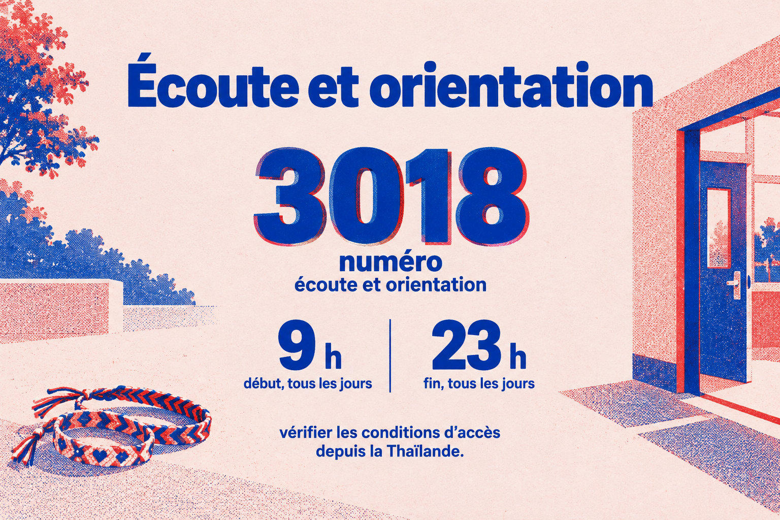 Le 3018 propose écoute et orientation tous les jours de 9 h à 23 h ; depuis la Thaïlande, vérifiez les conditions d’accès.
