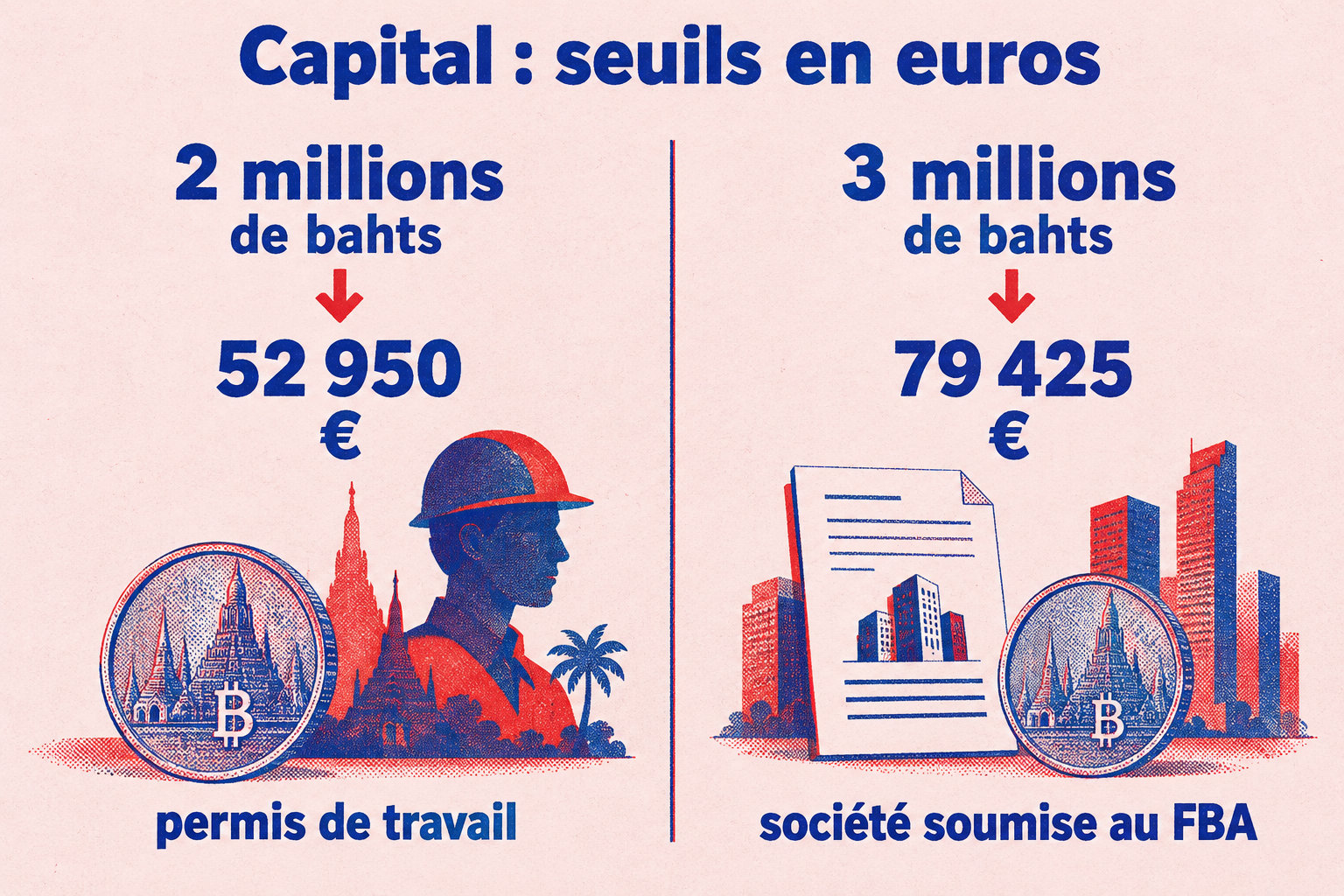 Le capital requis est de 2 millions de bahts, soit environ 52 950 €, pour un permis de travail, et de 3 millions de bahts, soit environ 79 425 €, pour une société soumise au FBA.