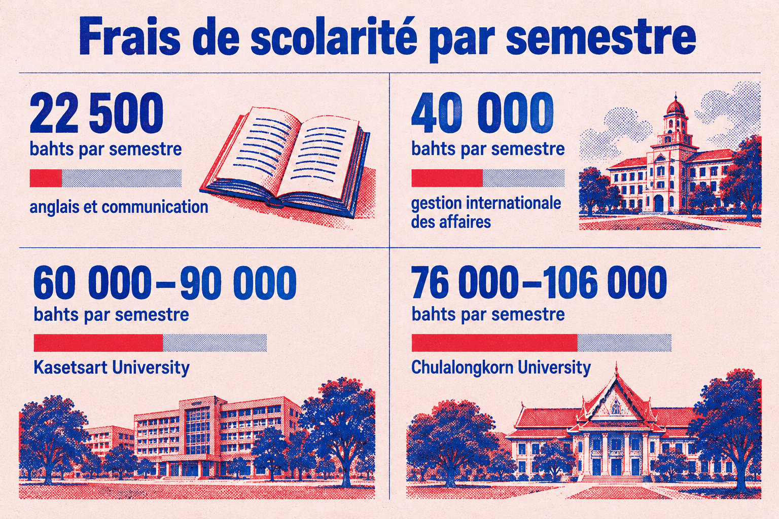 Les frais par semestre vont de 22 500 bahts en anglais et communication à Ubon Ratchathani à 106 000 bahts dans certains cursus de Chulalongkorn.