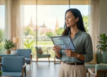 Femme tenant une tablette numérique avec des documents de passeport, avec une vue sur les temples thaïlandais en arrière-plan.