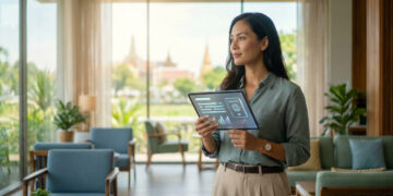 Femme tenant une tablette numérique avec des documents de passeport, avec une vue sur les temples thaïlandais en arrière-plan.