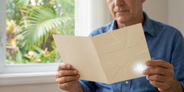 Un homme d'âge mûr examine une brochure d'assurance santé avec une croix médicale lumineuse.