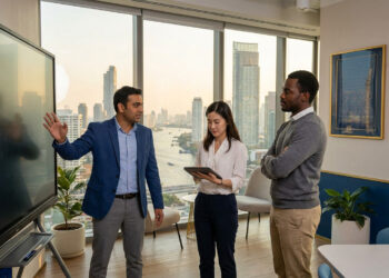Trois professionnels travaillant ensemble dans un bureau moderne avec vue sur Bangkok.