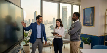 Trois professionnels travaillant ensemble dans un bureau moderne avec vue sur Bangkok.