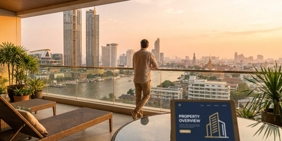 Un homme sur un balcon surplombant Bangkok avec une tablette affichant une application immobilière au premier plan.